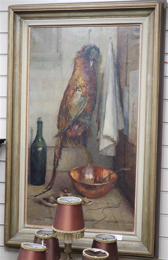 Mary Remington (1910-2003), oil on canvas, Still life of a pheasant, bottle and copper bowl, signed 90 x 50cm